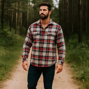 Red Head Men XL‎ Flannel Long Sleeve Shirt Button Red/Grey Plaid Work Chore Barn